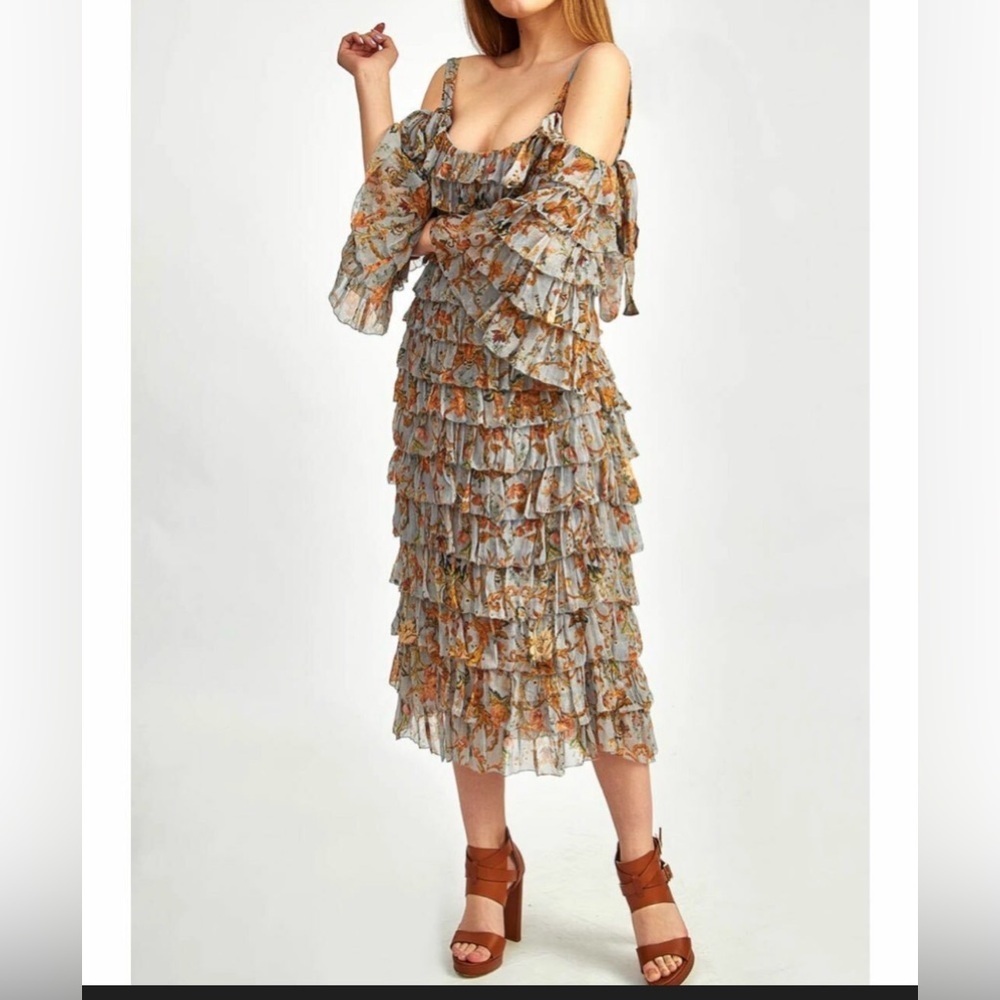 Zimmermann Floral Ruffled Cold-Shoulder Midi Dress in Sage and Rust